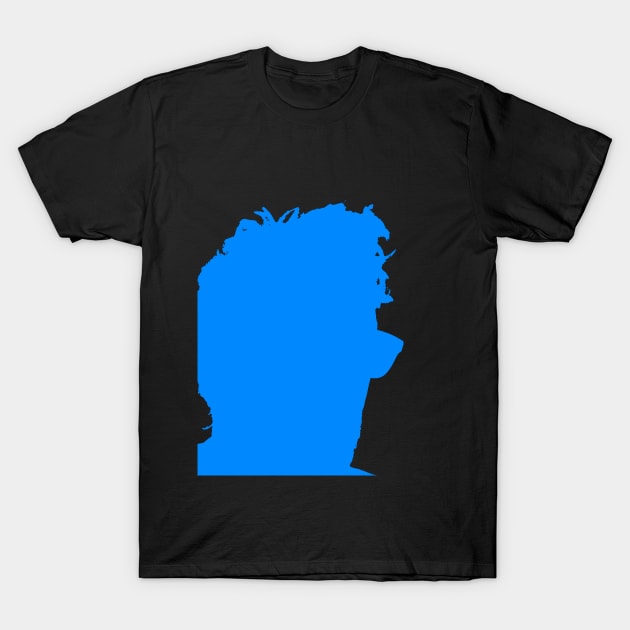 Silhouetted guy with glasses looking right and turning blue. T-Shirt by TeachUrb